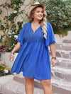 Explore More Collection - Plus Size Openwork Button Up V-Neck Short Sleeve Dress