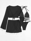 Explore More  Collection - Halter Neck Bra, Bottom, Tassel Flare Sleeve Cover-Up and Skirt Four-Piece Swim Set