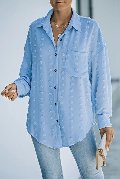 Explore More Collection - Swiss Dot Button Up Dropped Shoulder Shirt