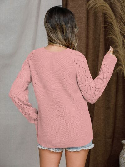 Explore More Collection - Openwork Round Neck Raglan Sleeve Sweater