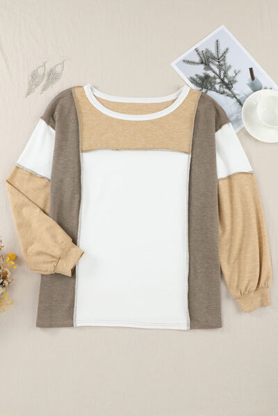 Explore More Collection - Color Block Exposed Seam Boat Neck Sweatshirt