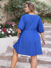 Explore More Collection - Plus Size Openwork Button Up V-Neck Short Sleeve Dress