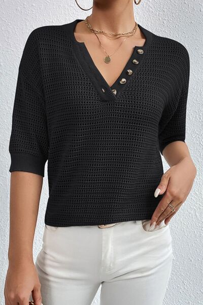 Explore More Collection - Openwork Half Button Dropped Shoulder Knit Top