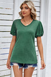 Explore More Collection - Heathered V-Neck Balloon Sleeve T-Shirt