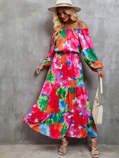 Explore More Collection - Printed Off-Shoulder Balloon Sleeve Tiered Dress