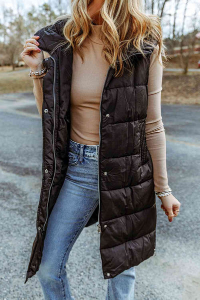 Explore More Collection - Longline Hooded Sleeveless Puffer Vest