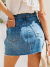 Explore More Collection - Button-Fly Distressed Raw Hem Denim Skirt