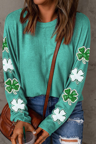 Explore More Collection - Explore More Collection - Lucky Clover Sequin Round Neck Sweatshirt