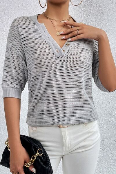 Explore More Collection - Openwork Half Button Dropped Shoulder Knit Top