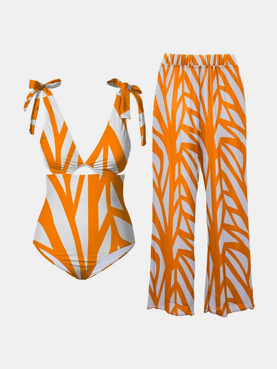 Explore More Collection - Printed Tie Shoulder Swimwear and Pants Swim Set