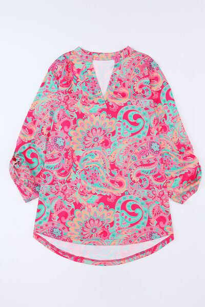 Explore More Collection - Plus Size Printed Notched Long Sleeve Blouse