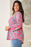 Explore More Collection - Plus Size Printed Notched Long Sleeve Blouse