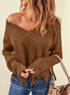 Explore More Collection - Fringe V-Neck Dropped Shoulder Sweater