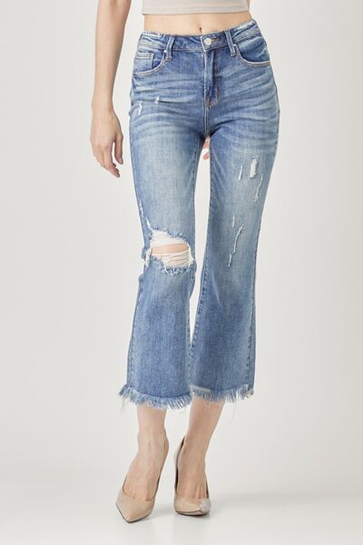 Explore More Collection - RISEN High Waist Distressed Cropped Bootcut Jeans