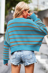 Explore More Collection - Striped Round Neck Drop Shoulder Slit Sweater