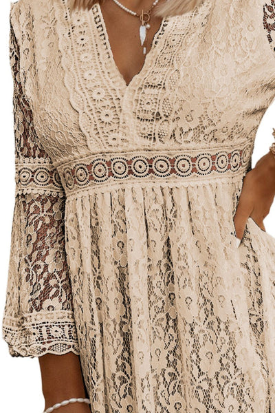 Explore More  Collection - Lace V-Neck Three-Quarter Sleeve Dress