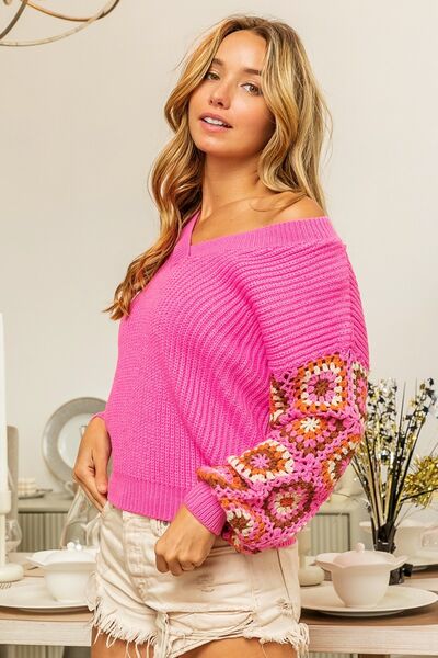 Explore More Collection - BiBi V-Neck Crochet Long Sleeve Sweater