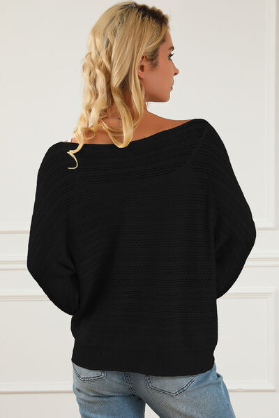 Explore More Collection - Openwork Boat Neck Lantern Sleeve Sweater