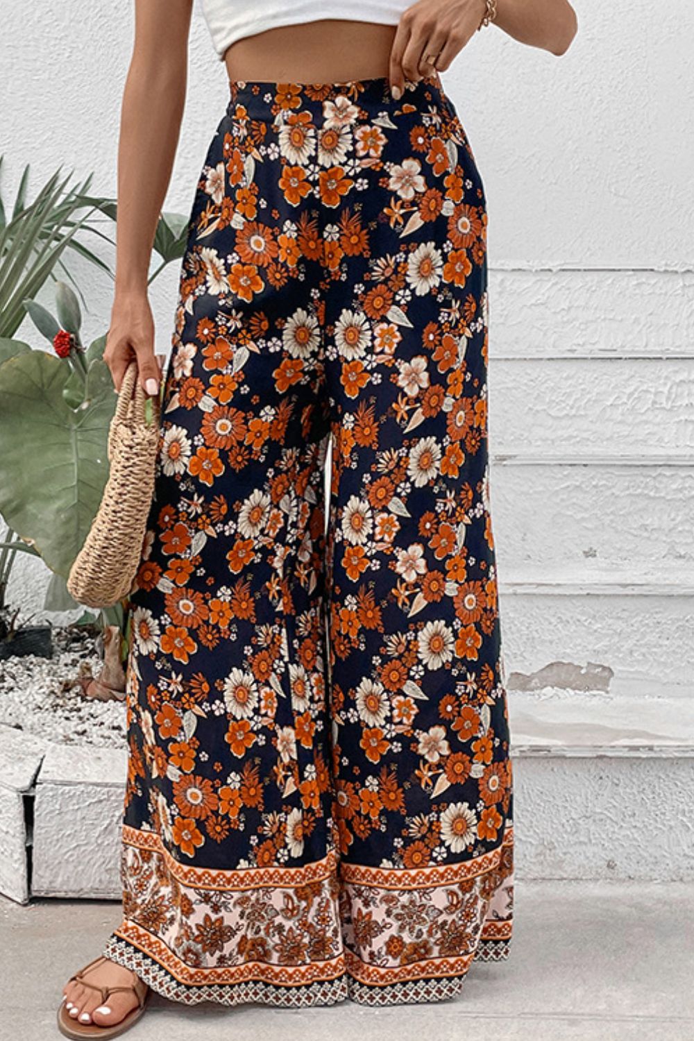 Explore More Collection - Floral Wide Leg Pants with Pockets