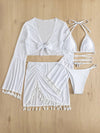 Explore More  Collection - Halter Neck Bra, Bottom, Tassel Flare Sleeve Cover-Up and Skirt Four-Piece Swim Set