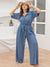 Explore More Collection - Plus Size Ribbed Half Button Tie-Waist Jumpsuit