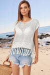 Explore More Collection - Openwork Cap Sleeve Knit Cover Up with Tassel