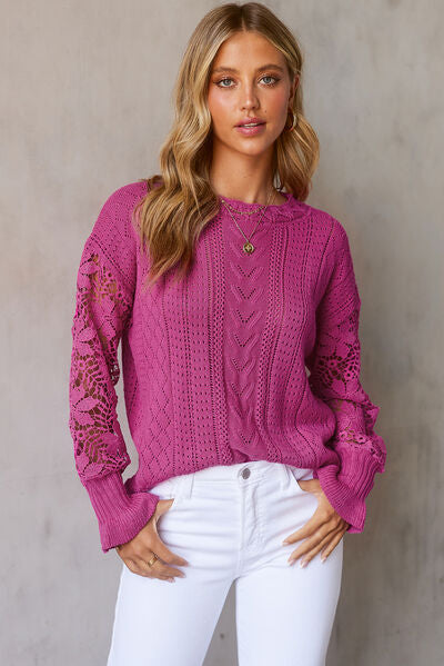 Explore More Collection - Openwork Lantern Sleeve Dropped Shoulder Sweater