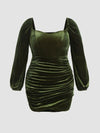 Explore More Collection - Plus Size Ruched Square Neck Balloon Sleeve Wrap Dress