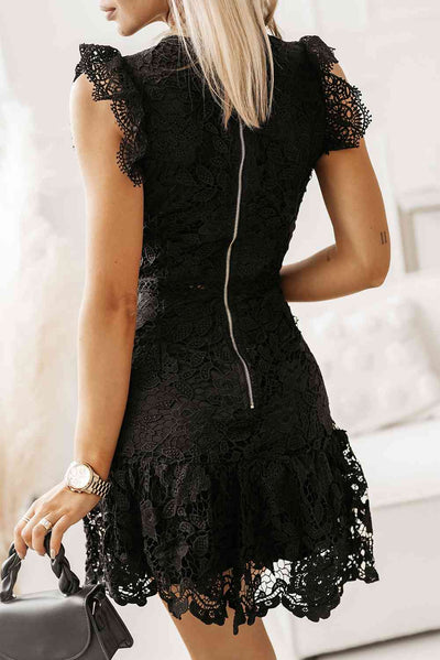 Explore More Collection - Round Neck Cap Sleeve Lace Mini Dress