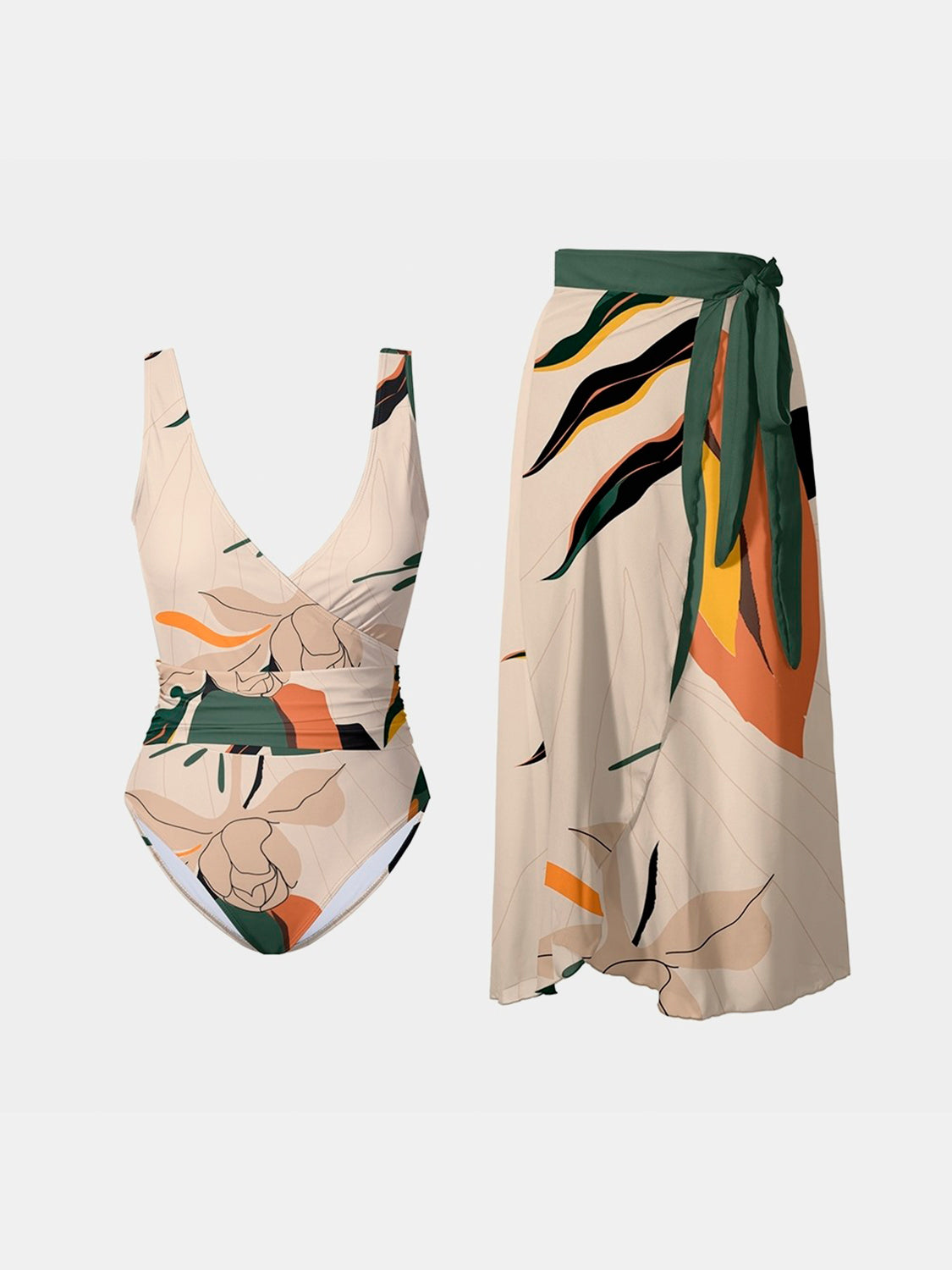 Explore More Collection - Printed Surplice Wide Strap Swimwear and Skirt Swim Set