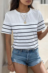 Explore More Collection - Decorative Button Striped Short Sleeve T-Shirt