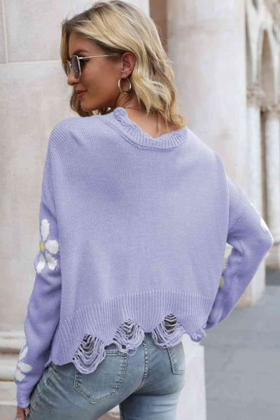 Explore More Collection - Flower Distressed Ribbed Trim Sweater