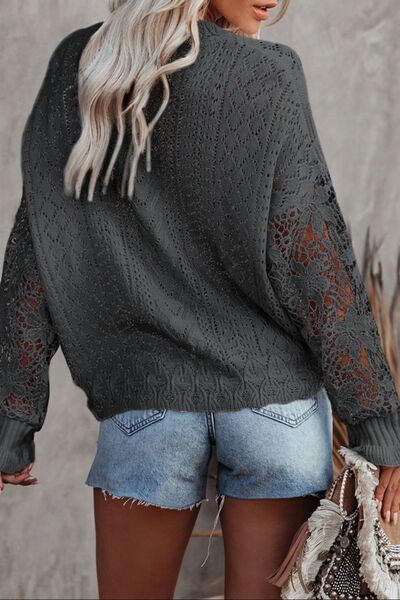 Explore More Collection - Openwork Lantern Sleeve Dropped Shoulder Sweater