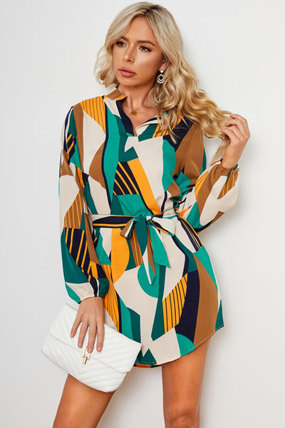 Explore More Collection - Geometric Print Belted Curved Hem Dress