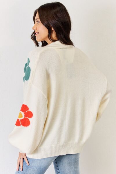 Explore More Collection - J.NNA Open Front Flower Pattern Long Sleeve Sweater Cardigan