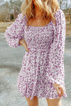 Explore More Collection - Smocked Floral Square Neck Balloon Sleeve Dress