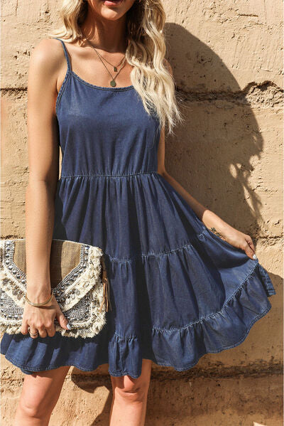 Explore More Collection - Spaghetti Strap Tiered Denim Dress