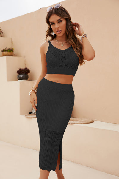 Explore More Collection - Openwork Cropped Tank and Split Skirt Set