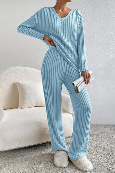 Explore More Collection - Ribbed V-Neck Top and Pants Set