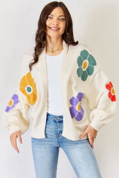 Explore More Collection - J.NNA Open Front Flower Pattern Long Sleeve Sweater Cardigan