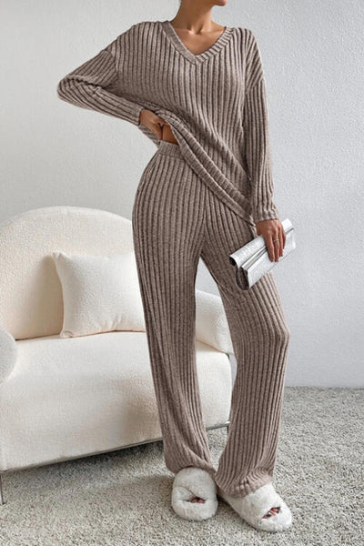 Explore More Collection - Ribbed V-Neck Top and Pants Set