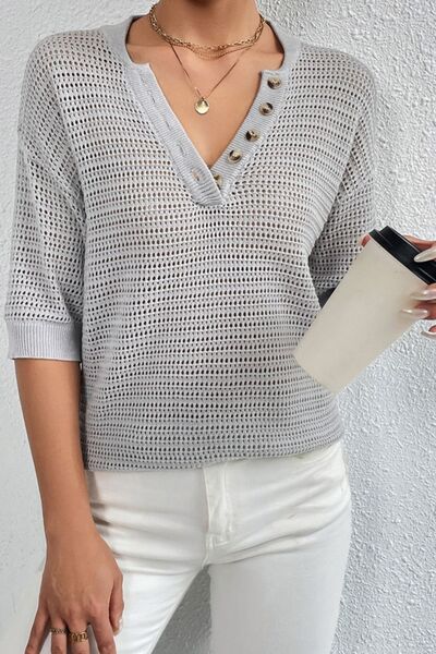 Explore More Collection - Openwork Half Button Dropped Shoulder Knit Top