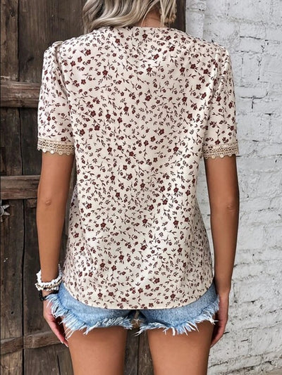 Explore More Collection - Full Size Printed V-Neck Short Sleeve Blouse