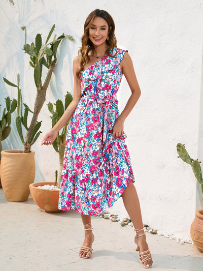 Explore More Collection - Ruffled Printed One Shoulder Midi Dress