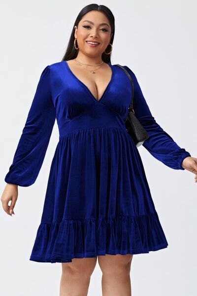 Explore More Collection - Plus Size Plunge Long Sleeve Mini Dress