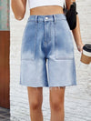 Explore More Collection - Buttoned Raw Hem Denim Shorts with Pockets