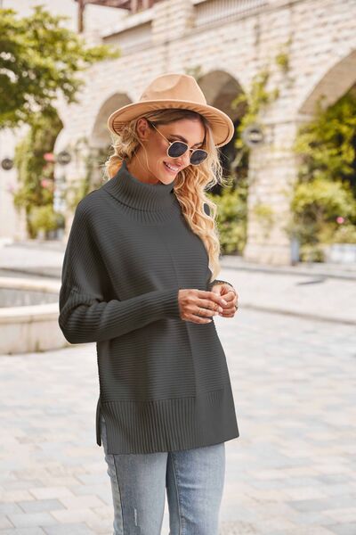 Explore More Collection - Ribbed Turtleneck Long Sleeve Slit Sweater