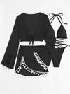 Explore More  Collection - Halter Neck Bra, Bottom, Tassel Flare Sleeve Cover-Up and Skirt Four-Piece Swim Set