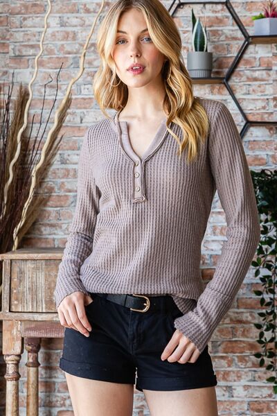 Explore More Collection - Reborn J Waffle Knit Notched Long Sleeve Top