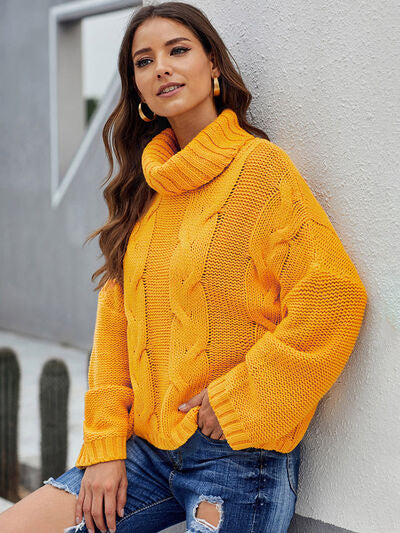 Explore More Collection - Cable-Knit Turtleneck Dropped Shoulder Sweater